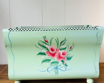 Vintage Toleware Magazine Rack: Hand-Painted Roses, Mint Green Metal