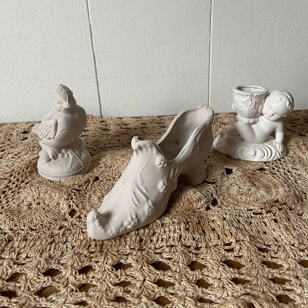 1970s/  Unpainted Ceramics/Set of 3/Shoe, Cupid Candleholder, Bird