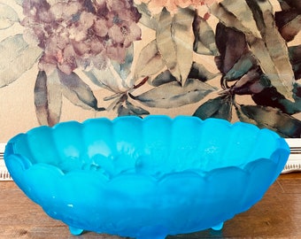 1970s/ Vintage Garland-Fruit Indiana Glass Bowl /Frosted Blue/ Centerpiece/ USA