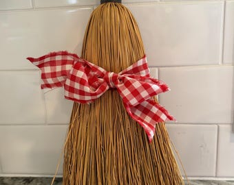 Vintage Straw Whisk Broom with Metal Cap, Natural Bristles