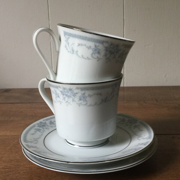 1985 /Vintage Sheffield Fine China/ Footed Cups with Saucers/ Blue Whisper Design/Set of 2