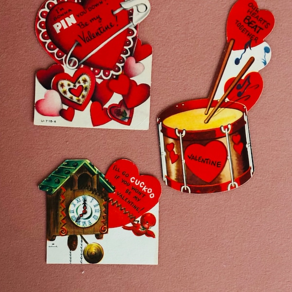 Drum, Safety Pin, Cuckoo Clock Valentine Cards/ Valentine Cards/Set of 3 Cards/Children’s Vintage Cards/ 1960s/AS IS*