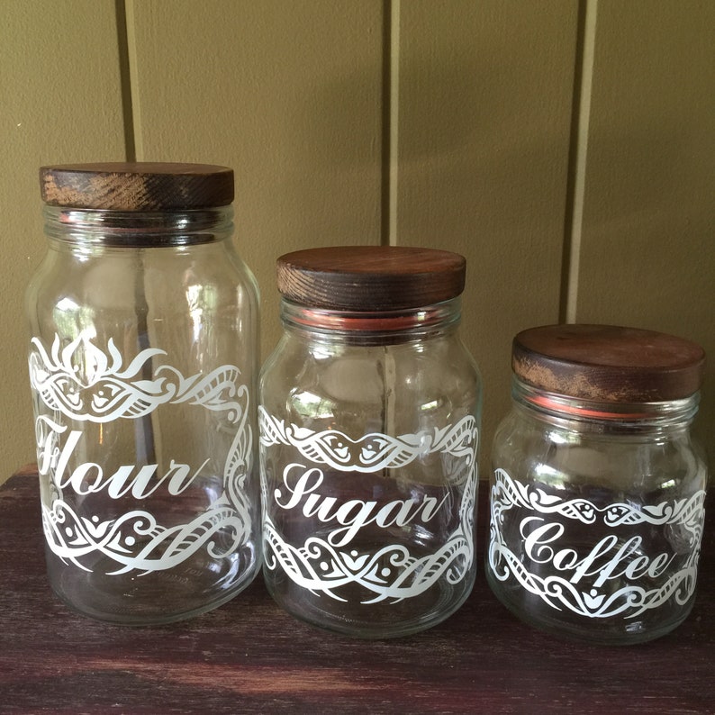Vintage Anchor Hocking Glass Canisters Clear With White Design Flour Sugar Coffee Set Of 3