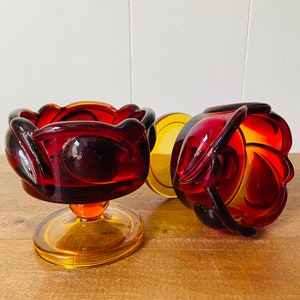 Vintage Amberina Glass Candlestick Holders: Tiara Leaf Sunset Pattern, Set of 2