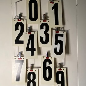 May include: Ten white cards with black numbers 0 through 9 hanging on a silver wire rack with red clips.