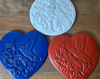 Antique Cast Iron Heart Trivet: Hummingbird & Morning Glory, Chippy Green Garden Art