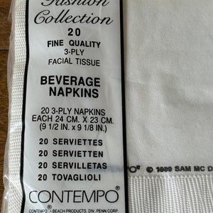 May include: A package of white beverage napkins from The Fashion Collection. The package includes 20 three-ply napkins, each measuring 9 1/2 inches by 9 1/8 inches. The package also includes the text "Facial Tissue".