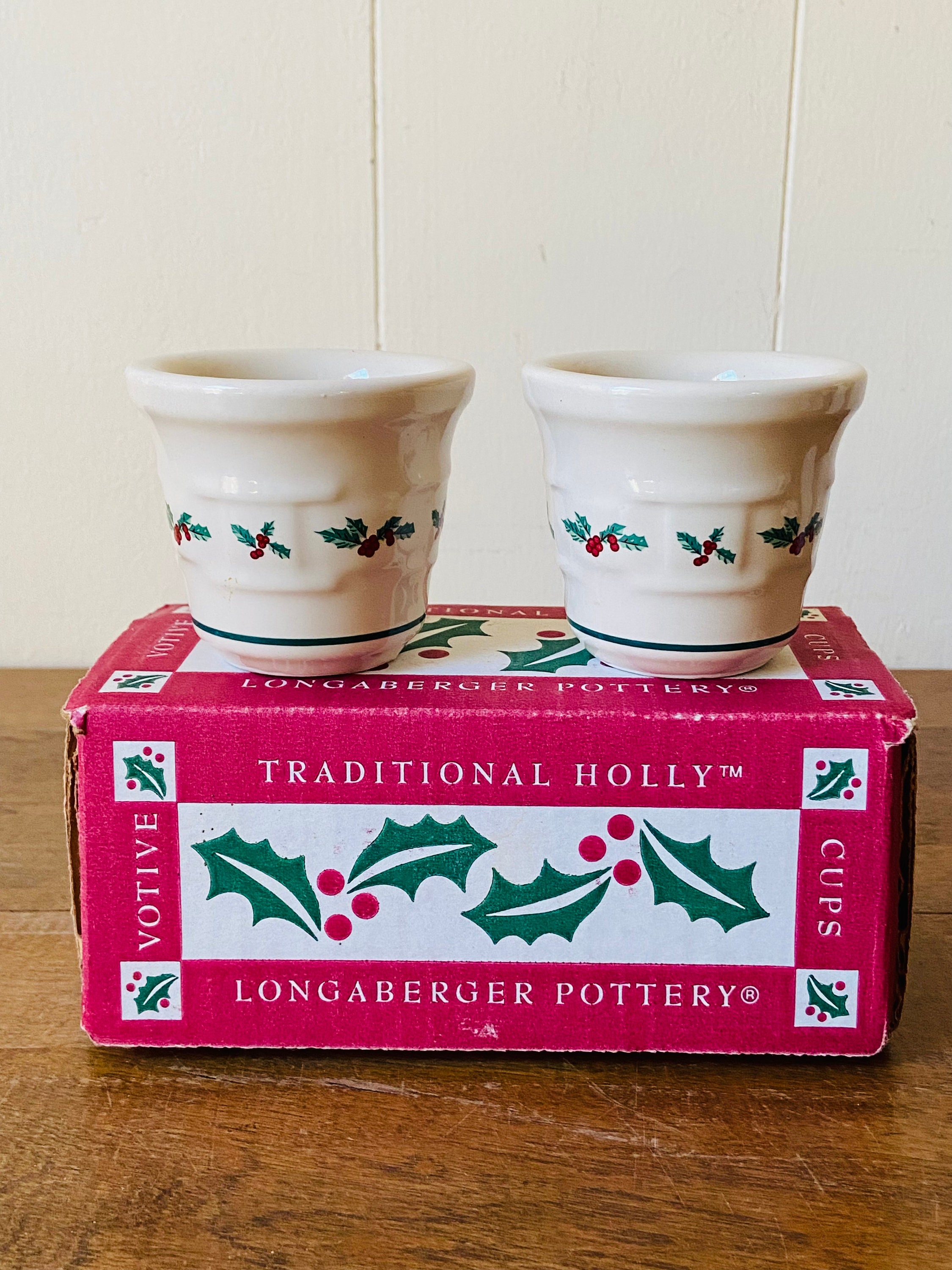 Vintage Longaberger Pottery Votives Cups/set of 2/36064/ Traditional Holly  