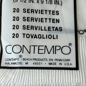 May include: White paper napkins, each measuring 9 1/2 inches by 9 1/8 inches, are packaged in a clear plastic wrap. The label includes the brand name "Contempo" and the text "Made in U.S.A."