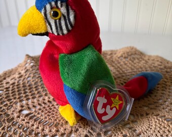 JABBER: Ty Beanie Baby, Loro de peluche colorido, 1998, Sin usar o exhibido