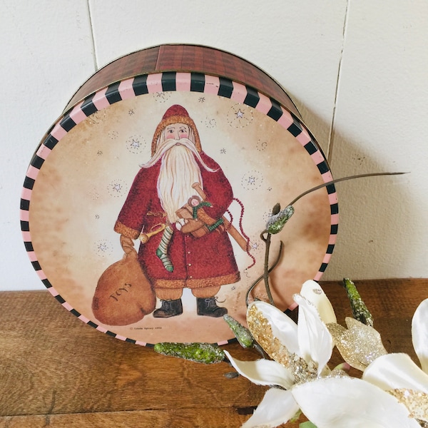 1996/Vintage Christmas Tin/ Linda Spivey Design/ Santa Canister/Collectible Tin