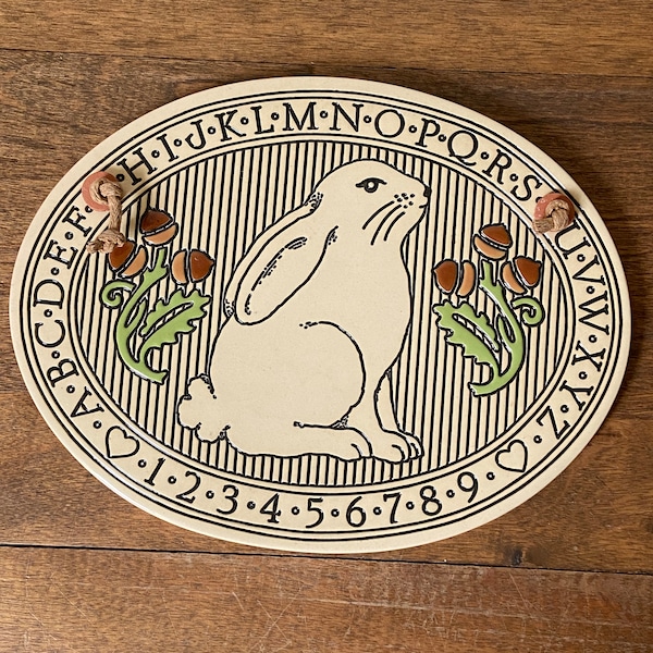 Rabbit Pottery Plaque/Trinity Pottery/ 1987/ Easter Decor/Rabbit, Alphabet, Numerals/ Wall Decor