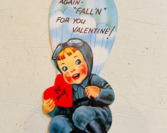 1960s Parachutist Valentine Card, Vintage Child's Card, Skydiving Theme