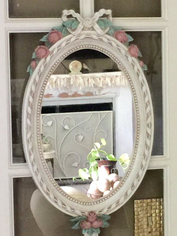Vintage Burwood Mirror Oval Ivory Frame With Roses