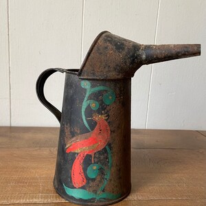 Vintage Tin Oil /Can Industrial Oil Can/ Midcentury/ 1958/ Hand Painted Bird/ 1 Quart/ U.S. Standard