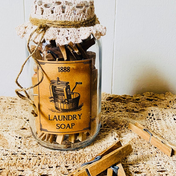 Vintage Clothespins/Mason Jar with Clothespins/ Home Decor/ Laundry Room