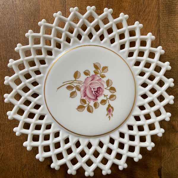 Vintage Westmoreland Decorate Plate/Milk Glass Plate /Open Lattice Motif / Pink Roses