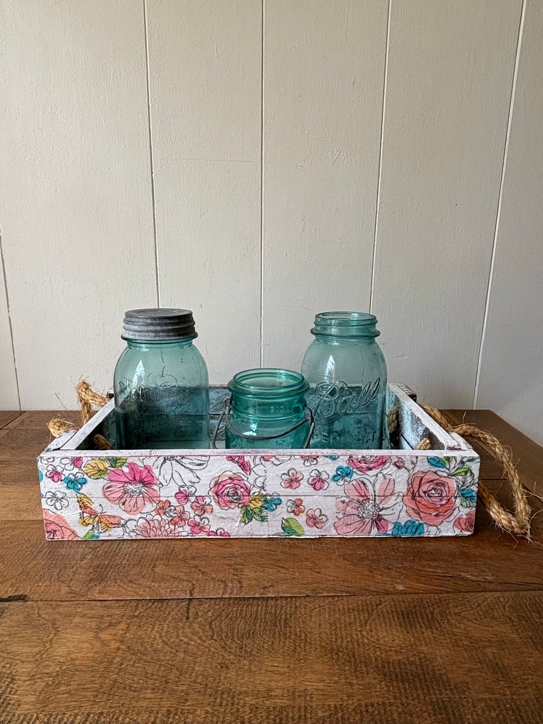 Shabby Chic Wooden Box With Rope Handles /white and Floral/decoupaged ...