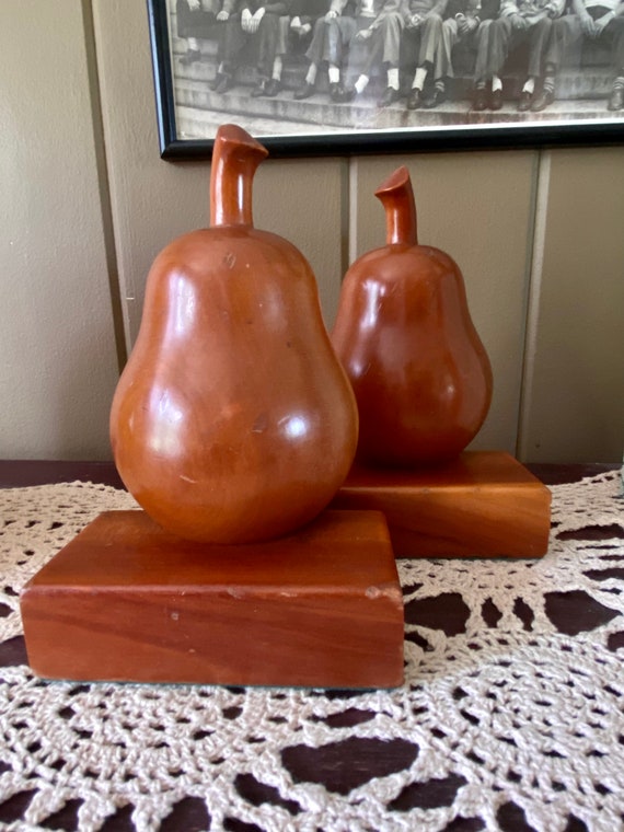 Midcentury Wooden Bookends/ Pear Fruit Shaped Bookends/ Etsy