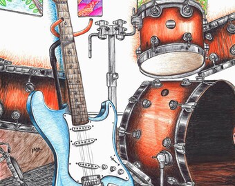 Band instrument set-up ball point pen drawing