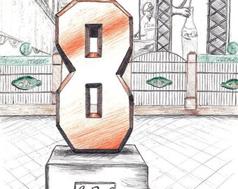 Cal Ripken, Jr.'s commemorative #8 on Eutaw St. ball point pen drawing