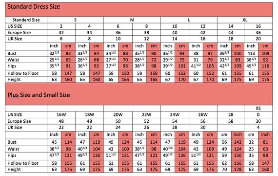 Etsy Size Chart