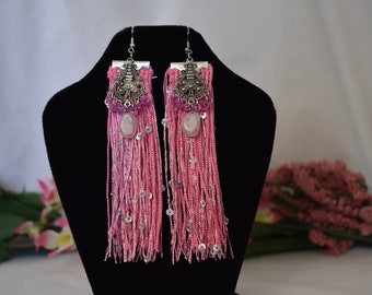 Boucles d’oreilles Pink Tassel et Rose Quartz