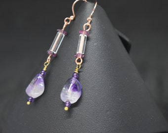 Amethyst and Quartz Earrings with cane beads and purple glass flowers