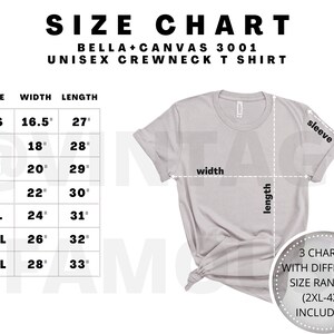 Bella Canvas 3001 Size Chart Mockup T-Shirt Sizing Chart Unisex Jersey Short Sleeve Tee Size Guide Shirt Sizing Chart Measurement Size Chart