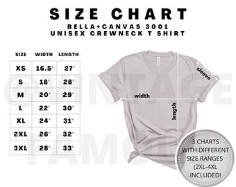 Bella Canvas 3001 Size Chart Mockup T-Shirt Sizing Chart Unisex Jersey Short Sleeve Tee Size Guide Shirt Sizing Chart Measurement Size Chart