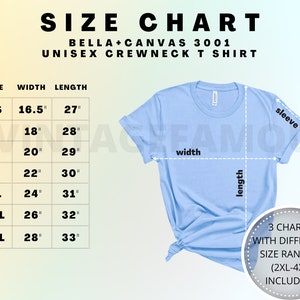 Bella Canvas 3001 Size Chart Mockup T-Shirt Sizing Chart Unisex Jersey Short Sleeve Tee Size Guide Shirt Sizing Chart Measurement Size Chart