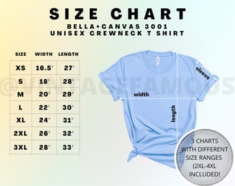 Bella Canvas 3001 Size Chart Mockup T-Shirt Sizing Chart Unisex Jersey Short Sleeve Tee Size Guide Shirt Sizing Chart Measurement Size Chart