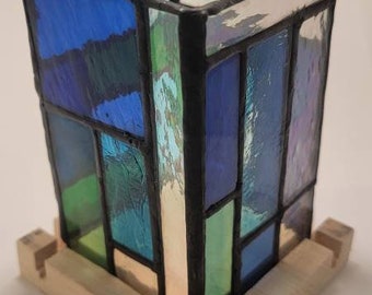 Stained glass hurricane style candle holder with wooden base