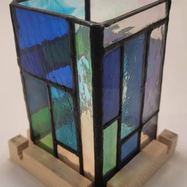 Stained glass hurricane style candle holder with wooden base