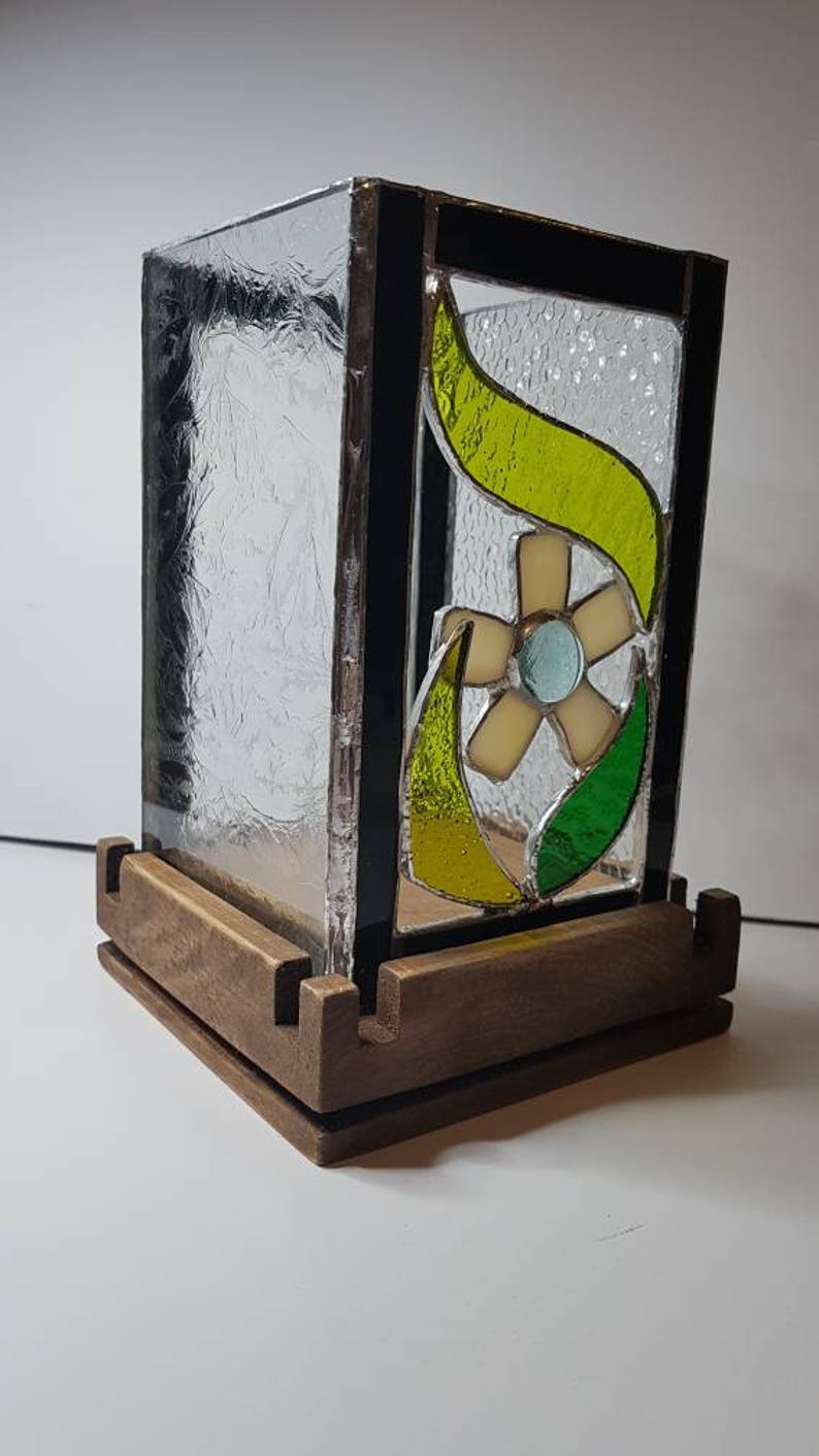 Stained Glass Hurricane Style Candle Holder With Wooden Base Etsy