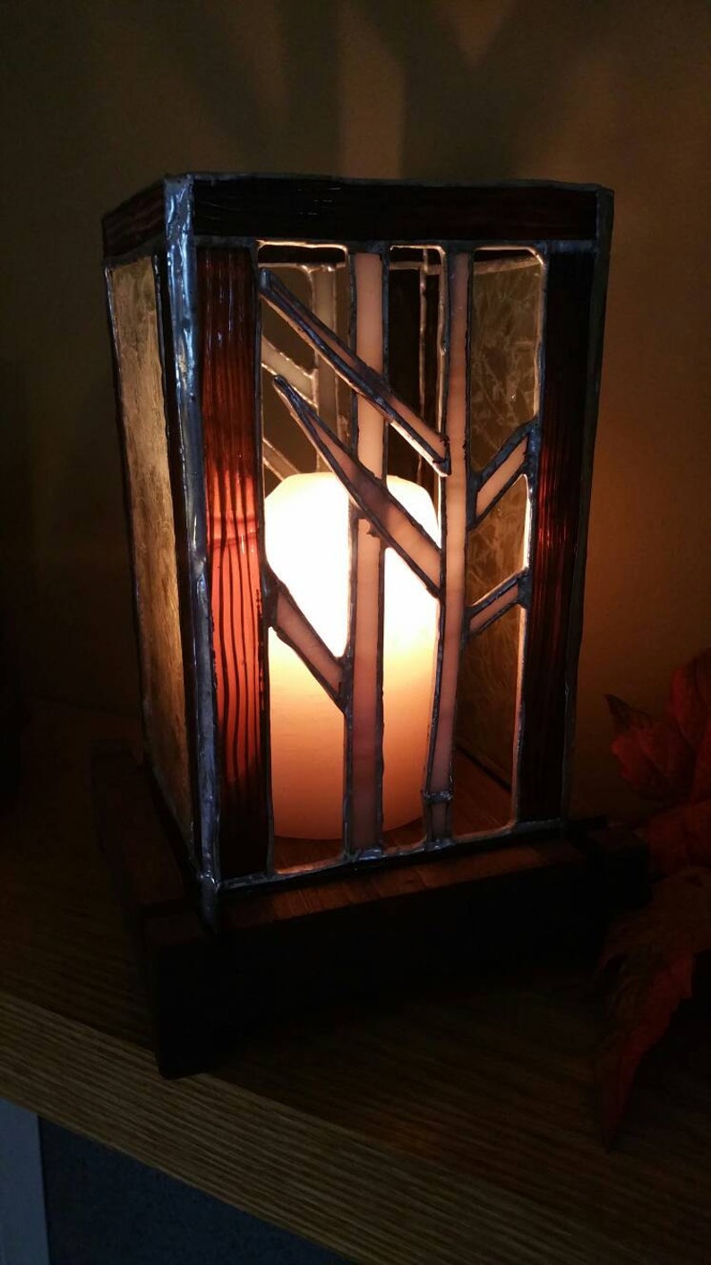 Stained Glass Hurricane Style Candle Holder With Wooden Base Etsy