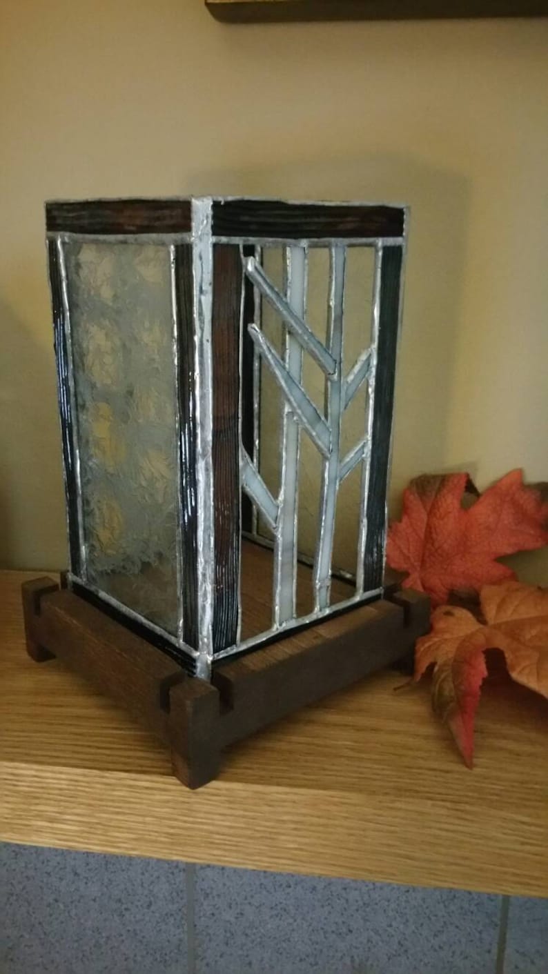 Stained Glass Hurricane Style Candle Holder With Wooden Base Etsy