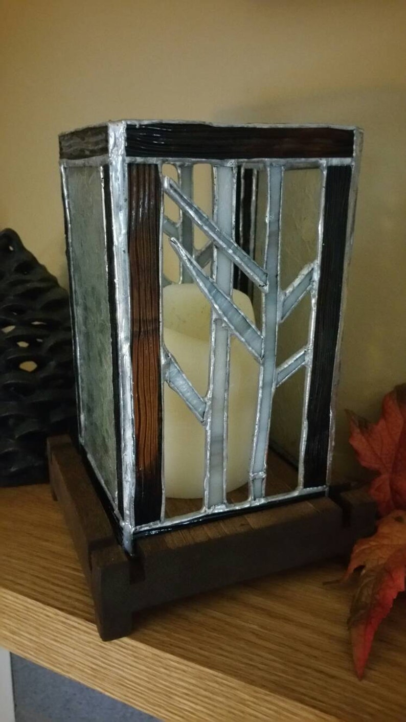 Stained Glass Hurricane Style Candle Holder With Wooden Base Etsy