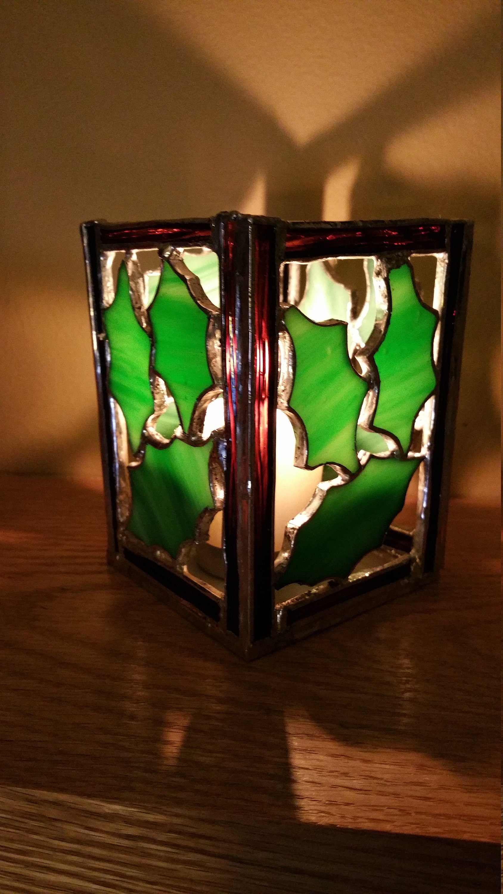 Stained Glass Hurricane Style Candle Holder With Wooden Base Etsy
