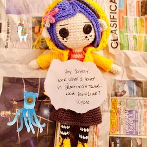 Coraline doll madeby amigurumi crochet, measuring approx 22cm tall