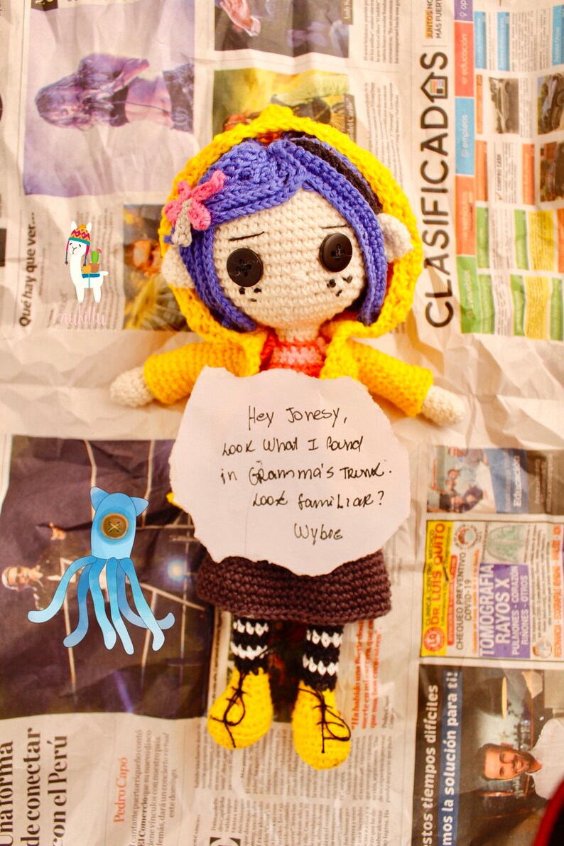 Coraline doll madeby amigurumi crochet, measuring approx 22cm tall