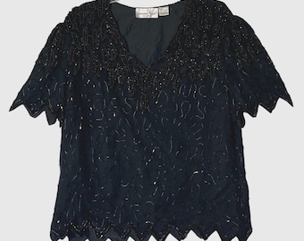 Lawrence Kazar Black 100% Silk Sequin Beaded Evening Party Top Blouse