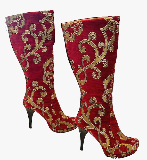 Rockwell Tharp Red Gold High Stiletto Heel Knee Bo