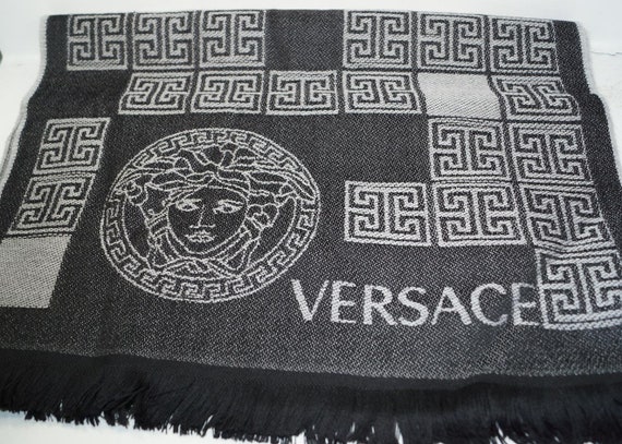 VERSACE MEDUSA Black Gray Fringed Wool Long SCARF