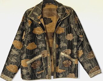 Yak Magik Reversible Brown Green Tapestry Sequins Button Jacket - Nepal