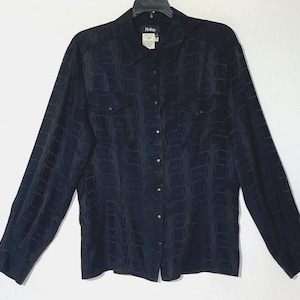 VTG Claude Montana Schwarz 100% Seide Logo Snap Shirt Bluse Sz 46 M -Made in Italy