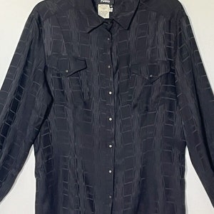 Claude Montana Schwarz 100% Seide Logo Snap Shirt Bluse -Made in Italy
