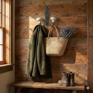 Könnte beinhalten: Eine rustikale Eingangsszene zeigt einen dunkelgrünen Mantel, der an einem dekorativen Wandhaken mit weißen Knöpfen hängt. Ein geflochtener Korb mit Lavendel hängt daneben. Braune Lederstiefel stehen auf einer Holzbank.