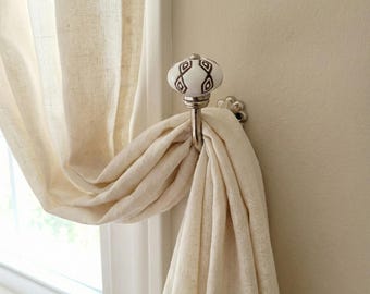 Ceramic Curtain Tieback Hook - Geometric Brown Pattern, Boho Drapery Holdback