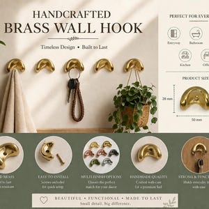 May include: Handcrafted brass wall hooks. The hooks are gold-colored and have a curved design. The image shows the hooks holding a towel, keys, and a plant. The text says "Timeless Design" and "Built to Last". The hooks are 28 mm x 50 mm.